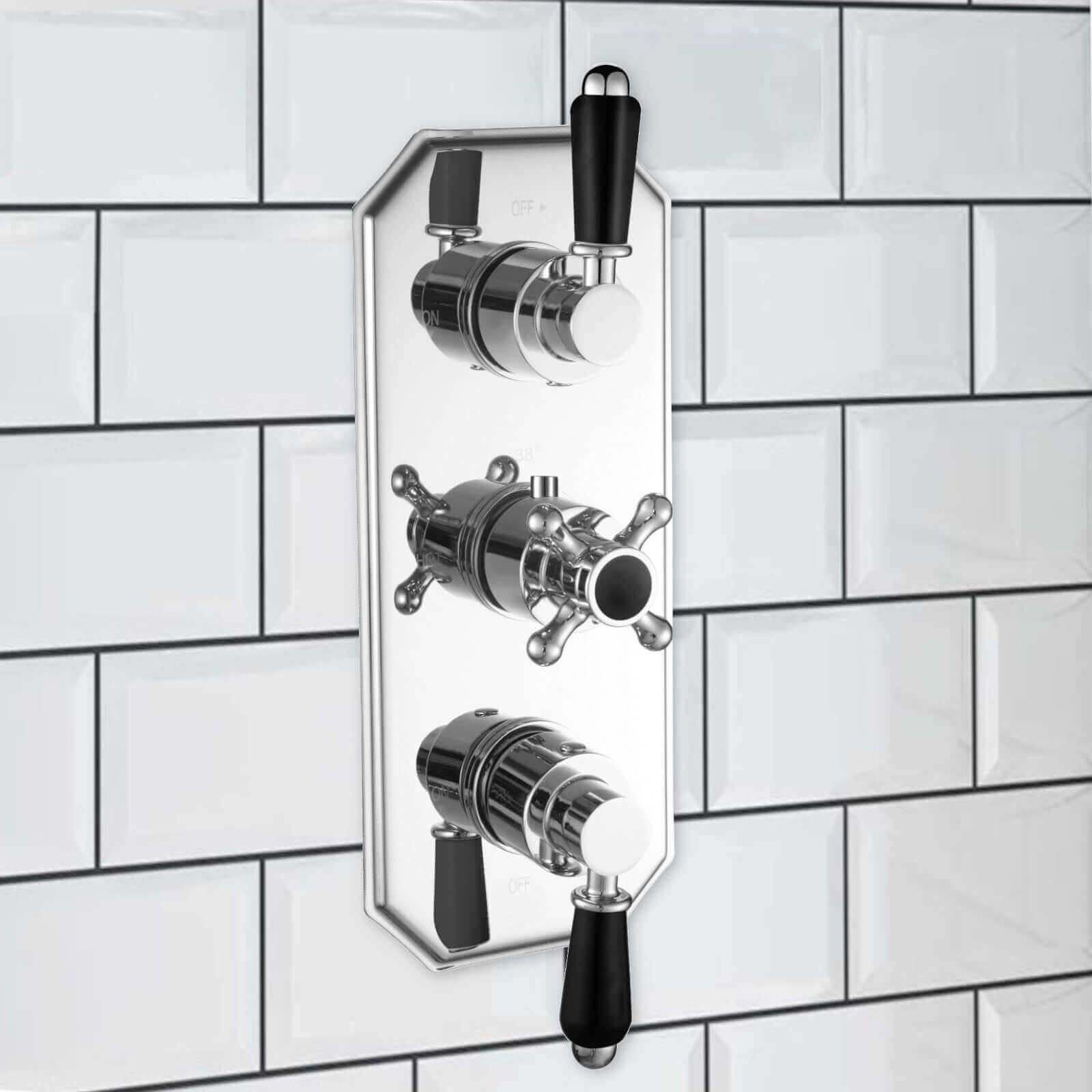 Buy Regent traditional crosshead and black lever concealed thermostatic triple shower valve with 3 outlets - chrome Online UK | HOUSE OF ENKI